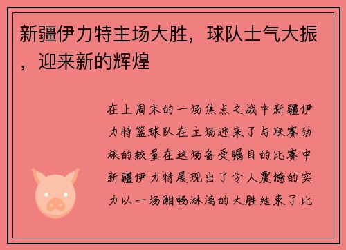 新疆伊力特主场大胜，球队士气大振，迎来新的辉煌